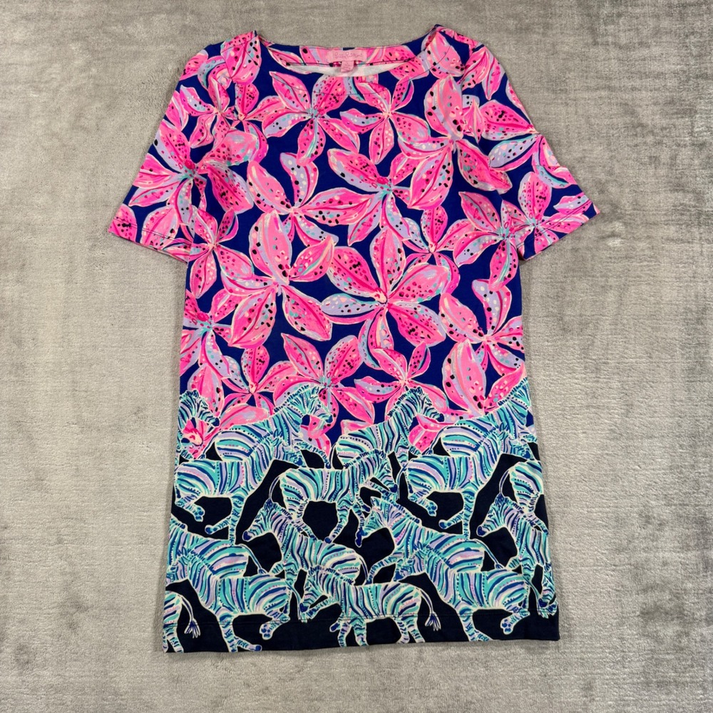 Lilly Pulitzer Dress Kids Large Pink Zebra Floral Short Sleeve Shirt Dress